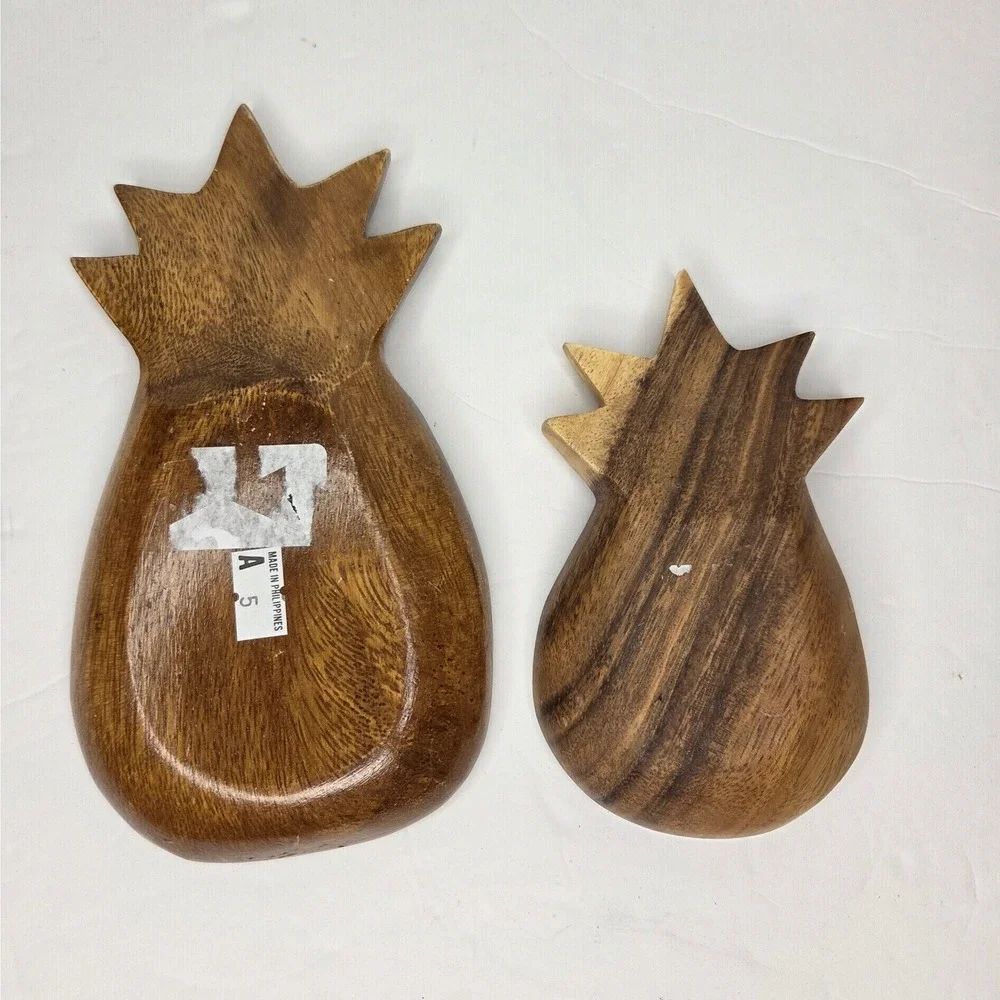 Hawaiian Hand Carved Acacia Wood Pineapple Shaped Trinket Dish Spoon Rest Set